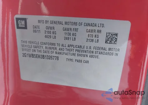 2011 Chevrolet Impala Lt from USA, damaged, VIN 2G1WB5EK0B1326778